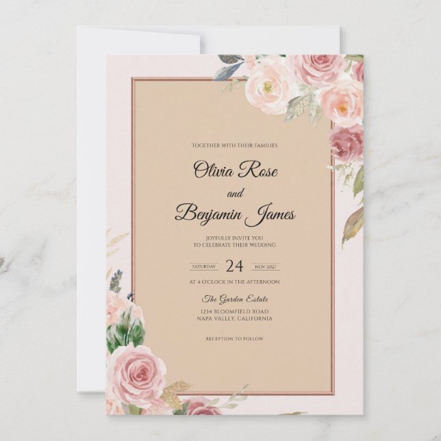 Invitation Mariage Rose Peinte Champagne (Devant)