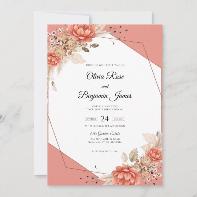 Invitation Mariage Rose Peinte de Corail (Devant)