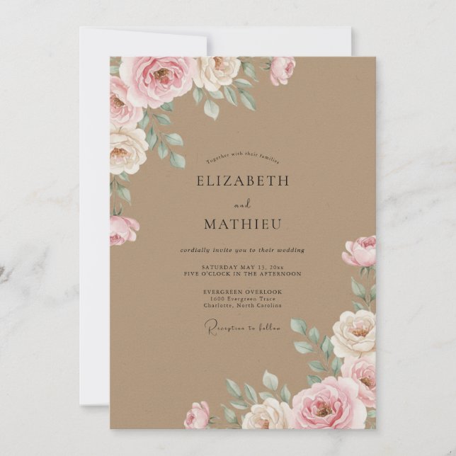 Invitation Mariage Rose Peinte Taupe (Devant)