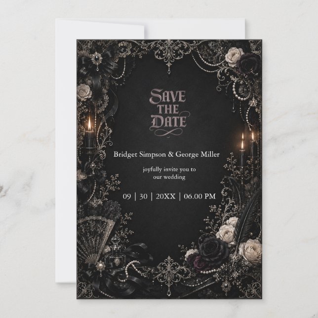 Invitation Mariage Rose Perle Baroque Victorien Gothique  (Devant)