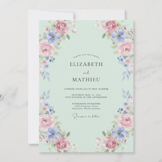 Invitation Mariage Rose Pervenche Mousse de Mer (Devant)