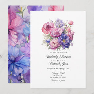 Invitation Mariage Rose Pétale, Bleu Barbeau & Violet Mauve