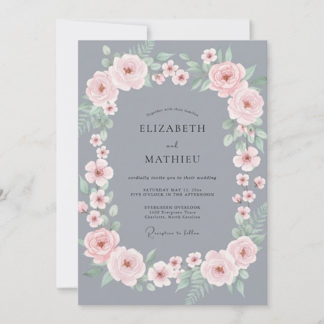 Invitation Mariage Rose Pétale d'Ardoise Rose (Devant)