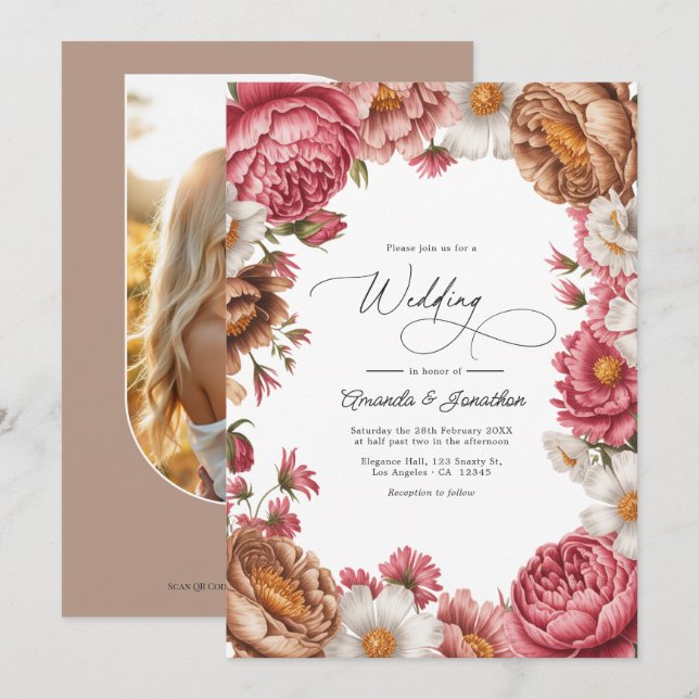 Invitation Mariage Rose Pétale, Latte Mocha et Perle d'Ivoire (Devant / Derrière)