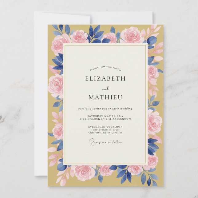 Invitation Mariage Rose Pétale Rose Moutarde (Devant)