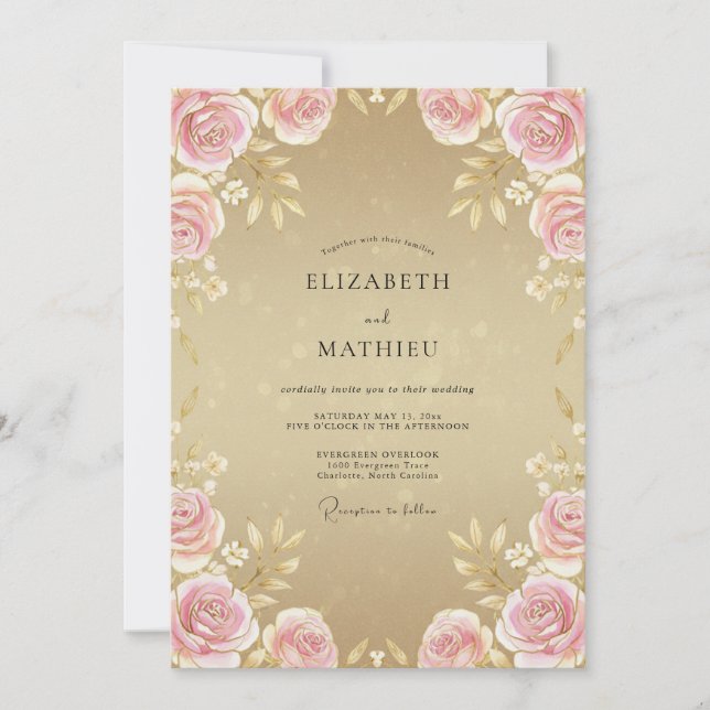 Invitation Mariage Rose Pink Paeony Champagne (Devant)
