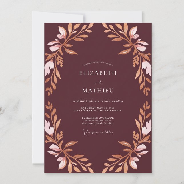 Invitation Mariage Rose Plum Copper Feuillu (Devant)