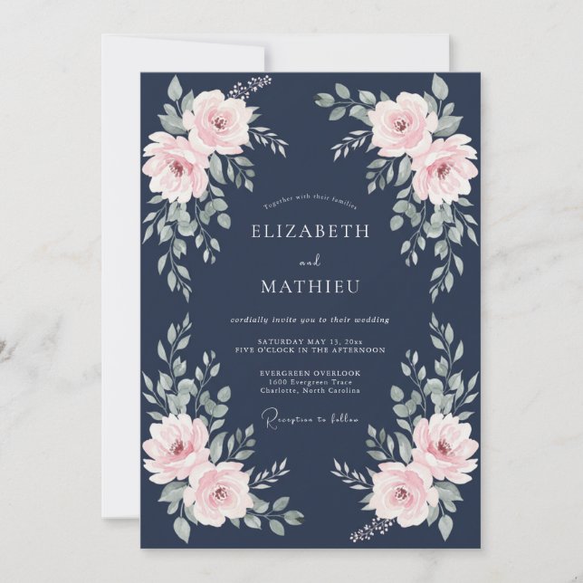 Invitation Mariage Rose Poétique Bleu Marine (Devant)