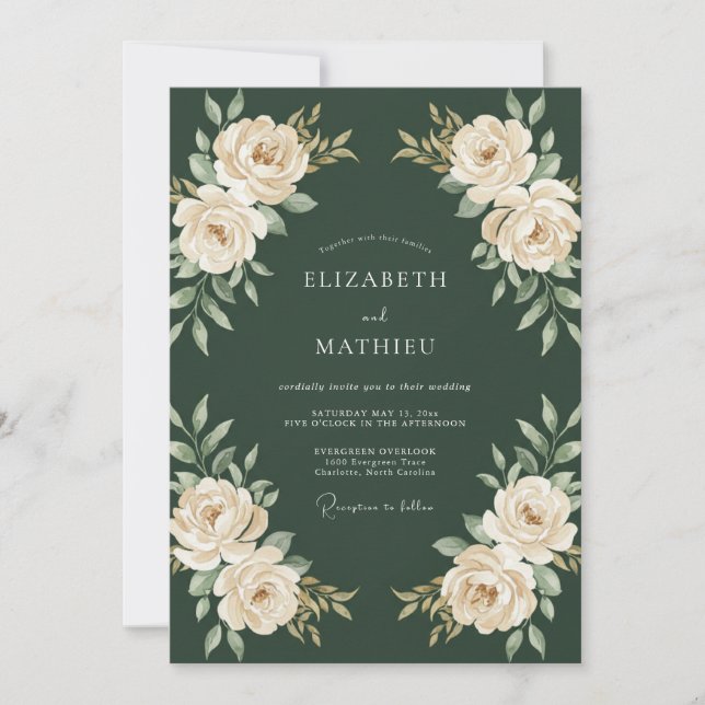 Invitation Mariage Rose Polie Vert Foncé (Devant)
