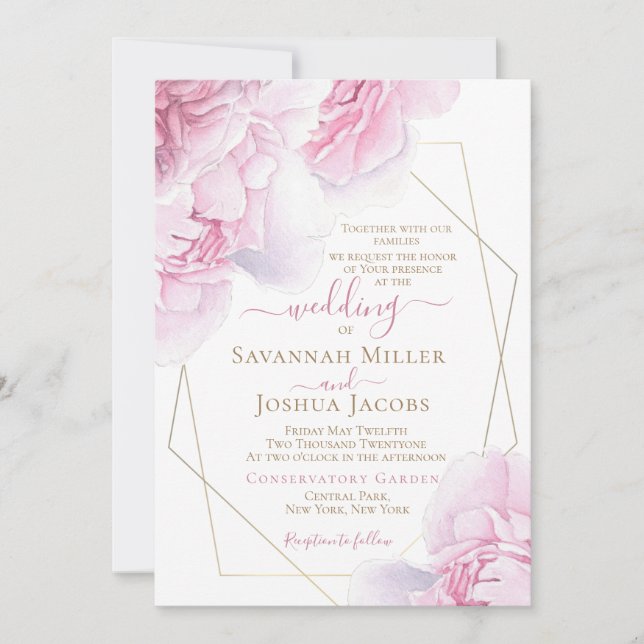 Invitation Mariage rose poony rose aquarelle rose mariage fle (Devant)