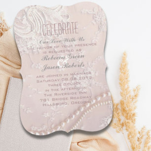 Invitation Mariage rose poudré Art Déco vintage perle dentell
