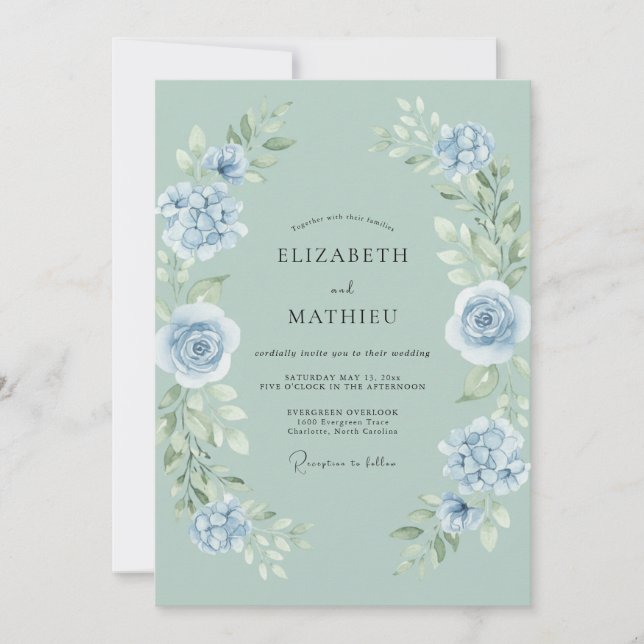 Invitation Mariage Rose Poudre Bleue Céladon (Devant)