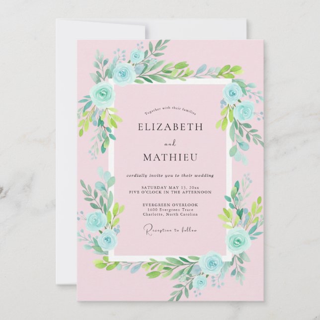 Invitation Mariage Rose Poudre Rose Aqua (Devant)