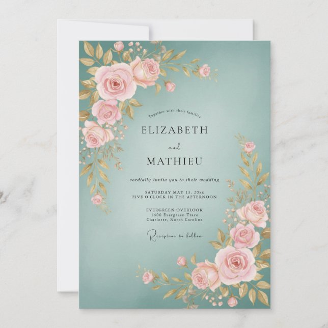 Invitation Mariage Rose Poudrée et Sarcelle Poussiéreuse (Devant)