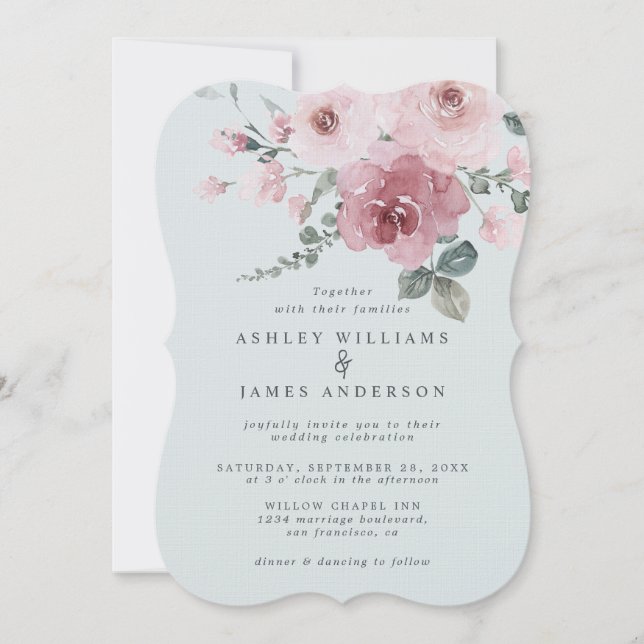 Invitation Mariage Rose Poussiéreuse Rose Bleu Clair (Devant)