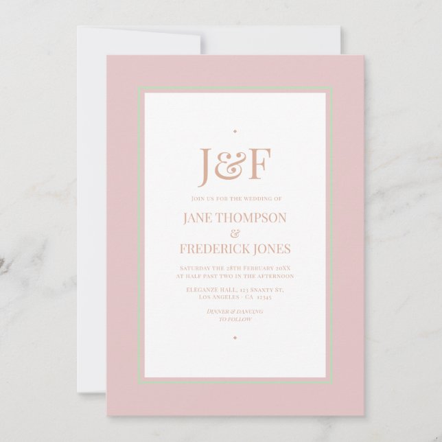 Invitation Mariage Rose Poussiéreux, Vert Menthe et Blush (Devant)