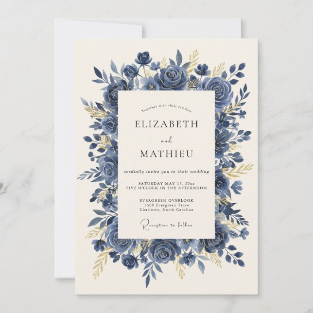 Invitation Mariage Rose Prestigieuse Bleu Marine (Devant)