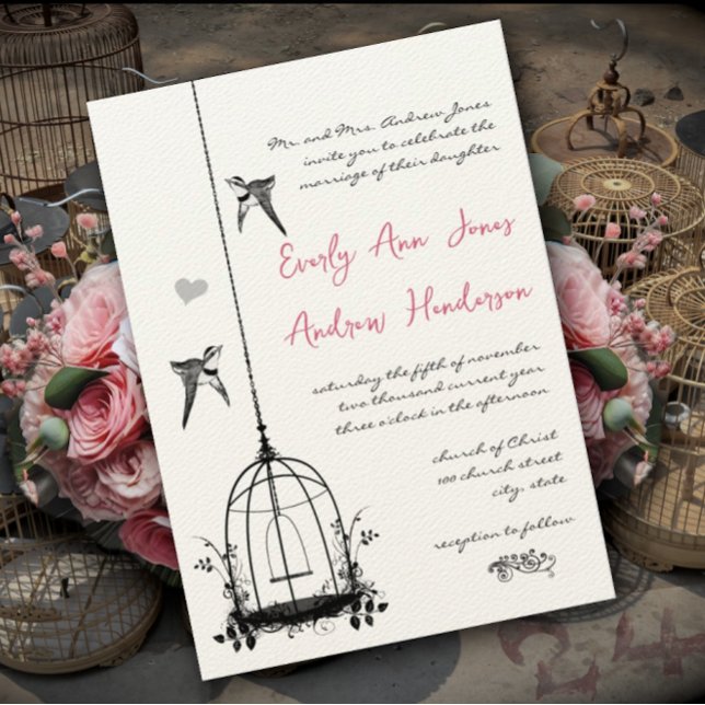 Invitation Mariage Rose Quartz Cage à Oiseaux Rose Rustique (Créateur téléchargé)