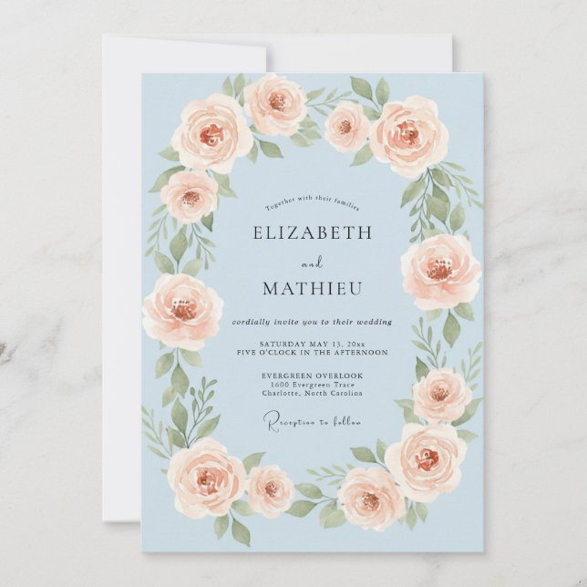 Invitation Mariage Rose Raffinée Bleu Bébé (Devant)