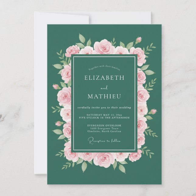 Invitation Mariage Rose Raffinée Vert Émeraude (Devant)
