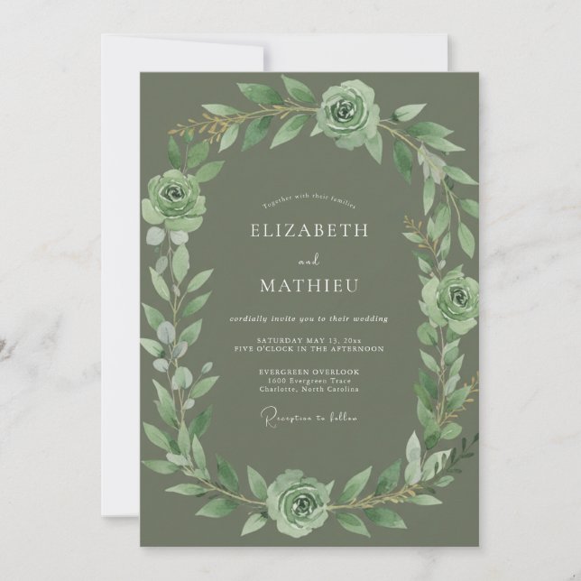 Invitation Mariage Rose Raffinée Vert Sauge (Devant)