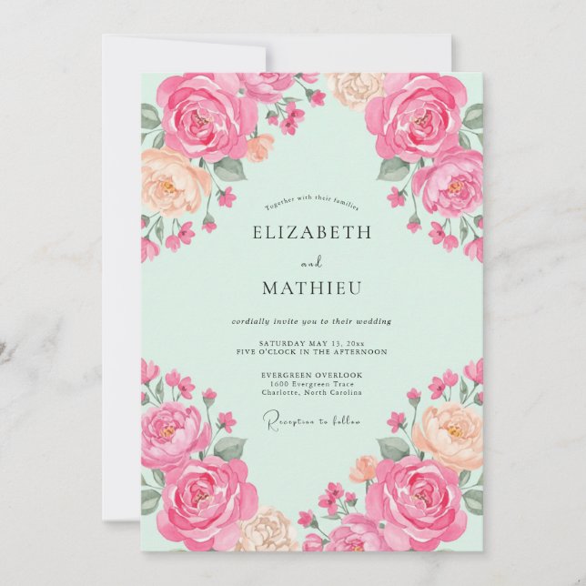 Invitation Mariage Rose Rafraîchissante Vert Menthe (Devant)