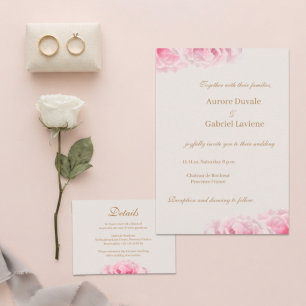 Invitation Mariage Rose Réelles Roses Pink Romantique et Or