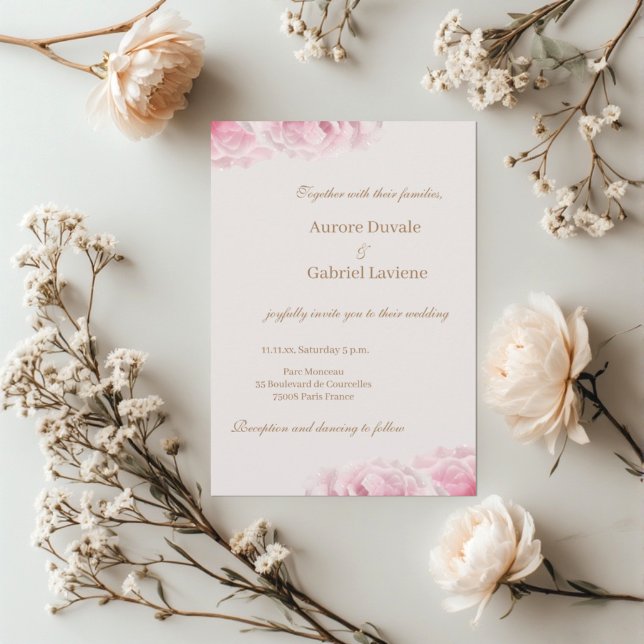 Invitation Mariage Rose Réelles Roses Pink Romantique et Or (Créateur téléchargé)