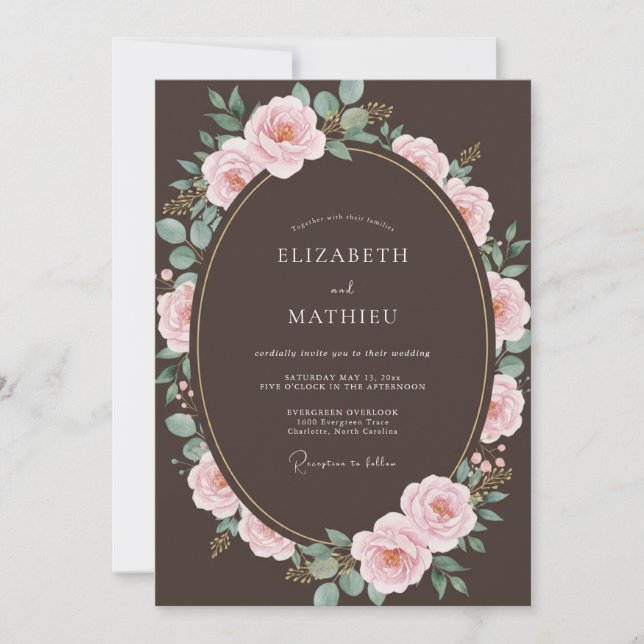 Invitation Mariage Rose Resplendissante Brun Espresso (Devant)