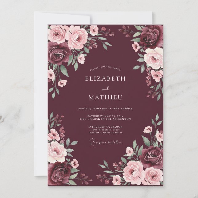 Invitation Mariage Rose Resplendissante de Bourgogne (Devant)