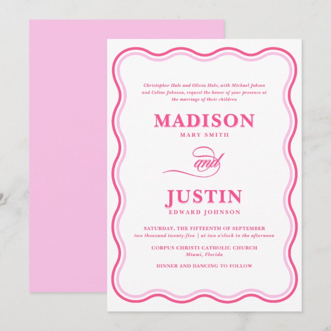Invitation Mariage rose rétro Wavy (Devant / Derrière)