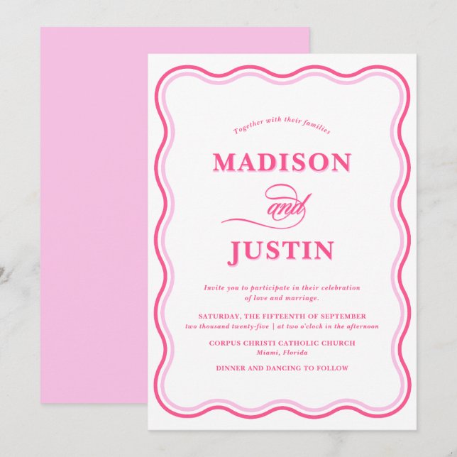 Invitation Mariage rose rétro Wavy (Devant / Derrière)