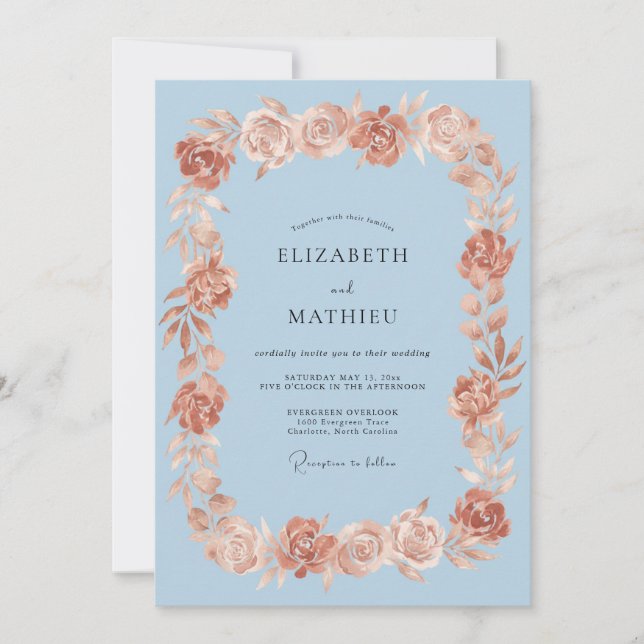 Invitation Mariage Rose Romantique Bleu Clair (Devant)