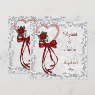 Invitation Mariage Rose Romantique, Diamants et Ruban Rouge
