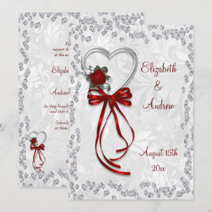 Invitation Mariage Rose Romantique, Diamants et Ruban Rouge