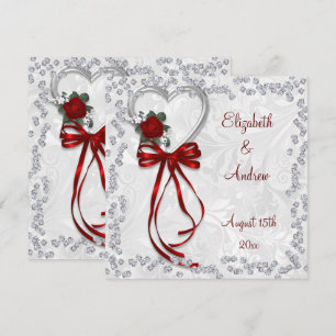 Invitation Mariage Rose Romantique, Diamants et Ruban Rouge