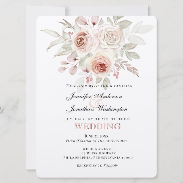 Invitation Mariage Rose romantique rose doux (Devant)