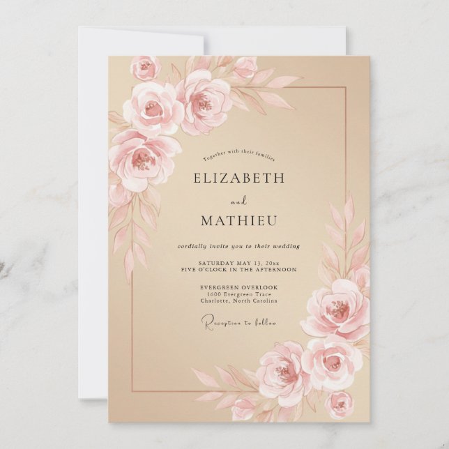 Invitation Mariage Rose Romantique Sérène Beige (Devant)