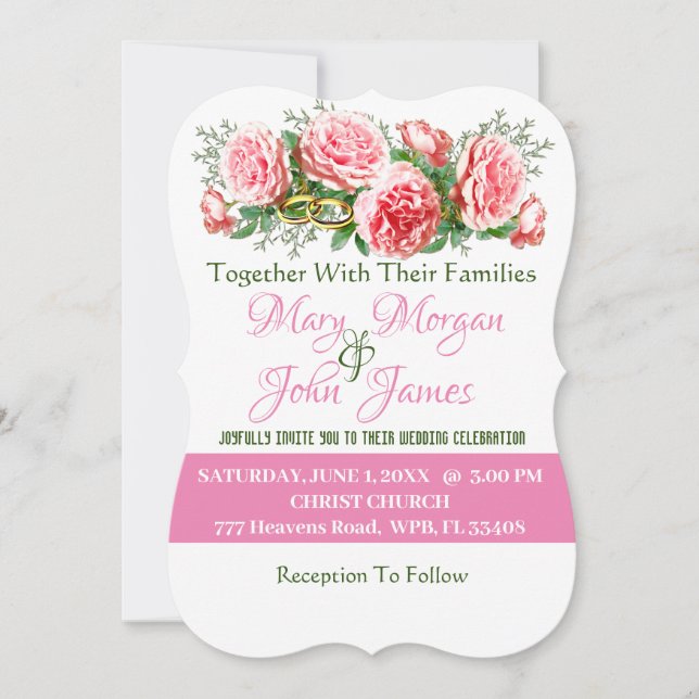Invitation Mariage Rose Rose, Blanche & Verte (Devant)