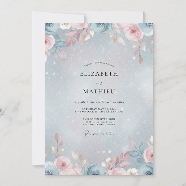 Invitation Mariage Rose Rose Pâle Pervenche (Devant)