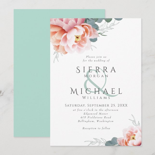 Invitation Mariage rose rose pâle vert de la menthe moderne (Devant / Derrière)