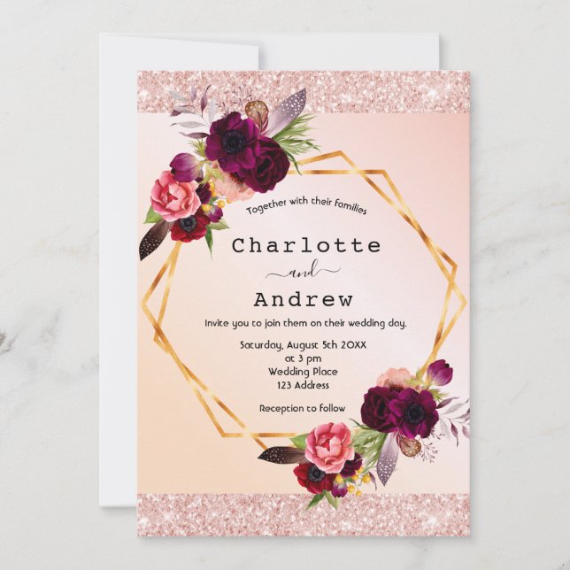 Invitation Mariage rose rose rose rose rose rose or bordeaux (Devant)