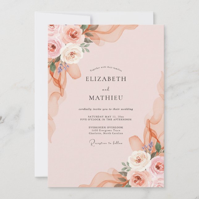 Invitation Mariage Rose Rouge Abricot Pétales (Devant)