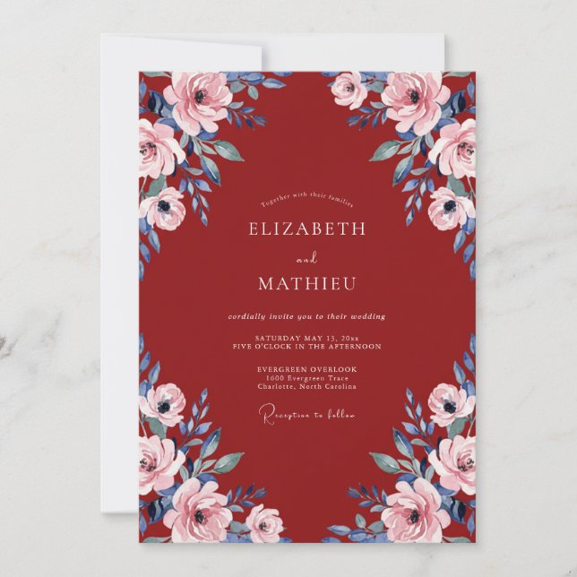 Invitation Mariage Rose Rouge Ardoise (Devant)
