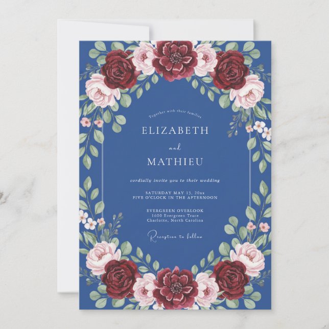 Invitation Mariage Rose Rouge Bleuet (Devant)