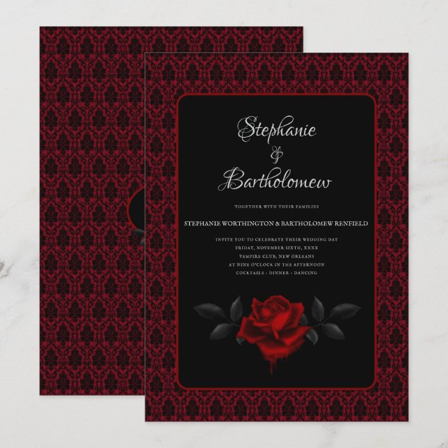 Invitation Mariage Rose Rouge Damassée Gothique (Devant / Derrière)