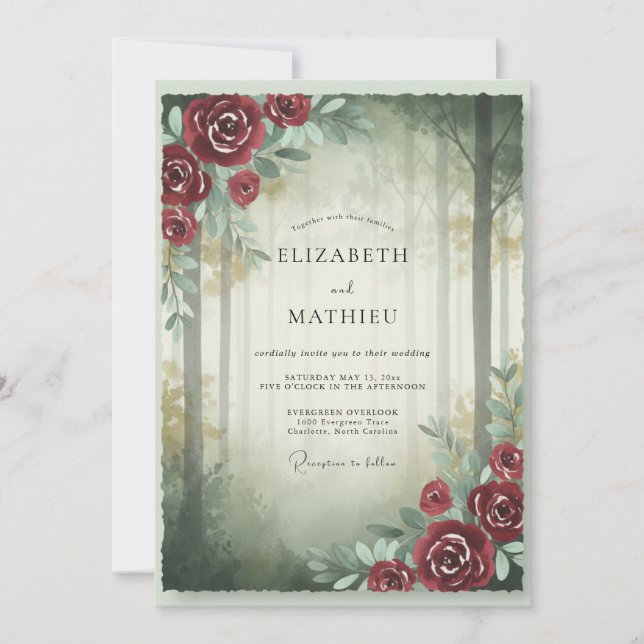 Invitation Mariage Rose Rouge Forêt de Cramoisi (Devant)