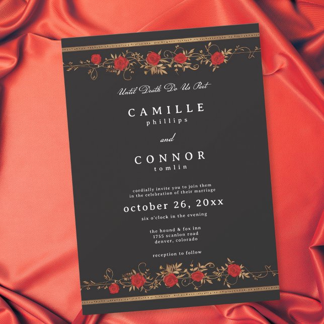 Invitation Mariage Rose Rouge Gothique Jusqu'à la Mort (Gothic Red Rose Border Until Death Wedding Invitation)