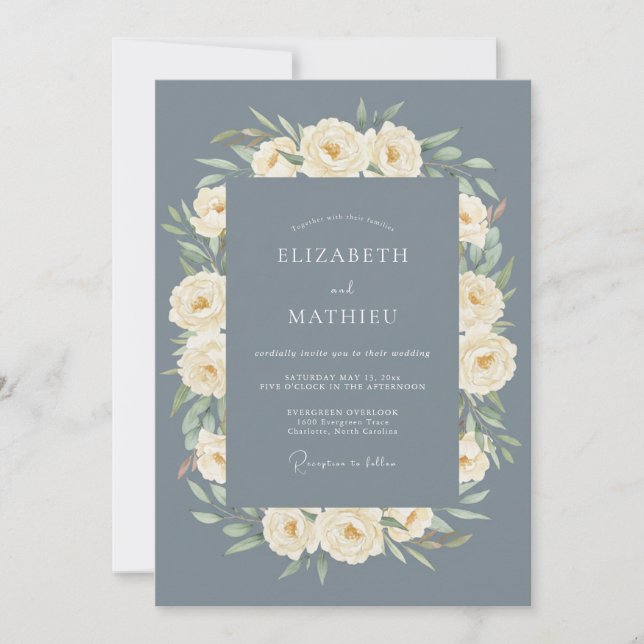 Invitation Mariage Rose Royale Bleu Ardoise (Devant)