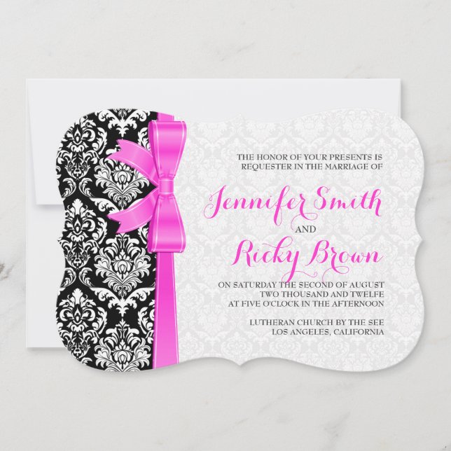 Invitation Mariage rose Ruban noir et blanc Damas (Devant)